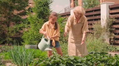 10 yaşındaki torununa sıcak bir yaz günü bahçede birlikte duran su kutusuyla çiçekleri sulamayı öğretirken orta karar mutlu bir fotoğraf.