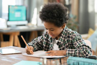 Afrika etnik kökenli ilköğretim öğrencisi oturma odasında bilgisayar karşısında ödev yaparken deftere not alıyor.