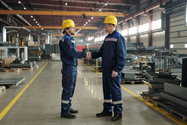 Vista Lateral Dos Ingenieros Masculinos Sombreros Protectores Ropa Trabajo Saludándose —  Fotos de Stock