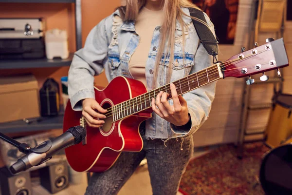 Close Young Woman Standing Front Microphone Playing Guitar Recording Studio — Stock Photo, Image