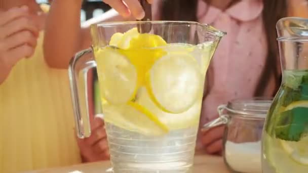 Kruispunt Close Van Onherkenbare Meisjes Maken Limonade Buiten Glas Decanter — Stockvideo