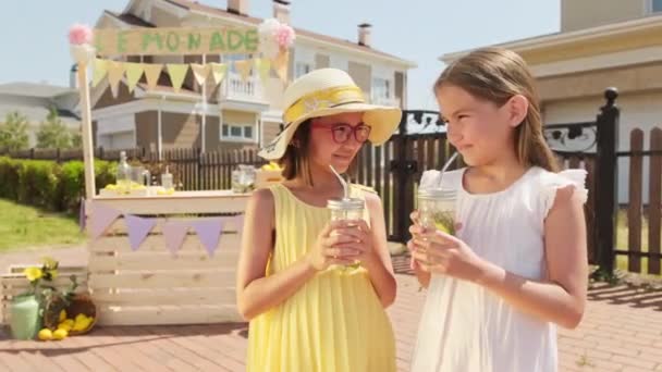 Średnie Ujęcie Uroczych Letnich Sióstr Stojących Obok Domowej Lemoniady Pijących — Wideo stockowe