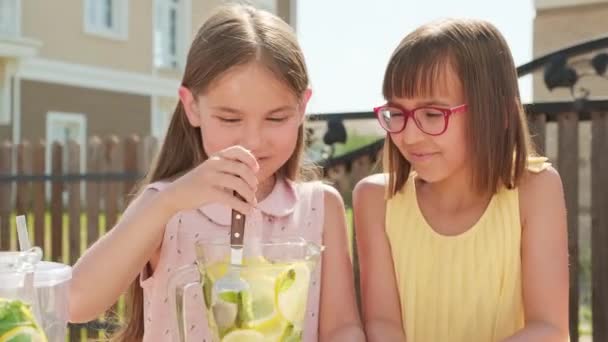 Medium Close Van Twee Verrukt Jarige Meisjes Maken Limonade Buiten — Stockvideo
