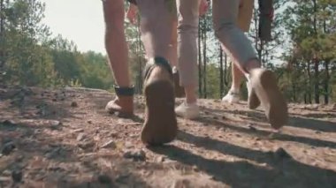 Yürüyüş sırasında orman yolunda yürüyen genç insanların yavaşlığıyla düşük kesim izleme