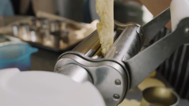 Slow Motion Closeup Unrecognizable Female Hands Rolling Dough Using Professional — Stock Video