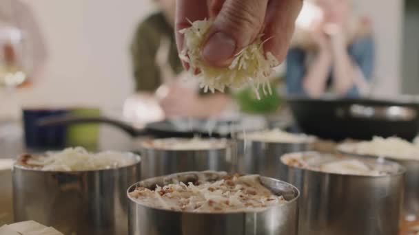 Slow Motion Close Unrecognizable Chef Spreading Some Grated Cheese Top — Stock Video