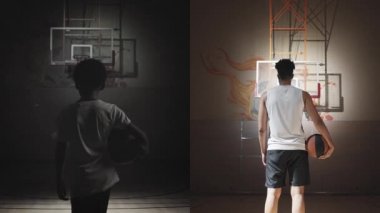 Sol taraftaki basketbola giden siyah küçük bir çocuğun ekran görüntüsü ve sağ taraftaki basketbolcuya bakan büyümüş bir basketbolcu. Basketbolcunun geçmiş ve şimdiki zamanı