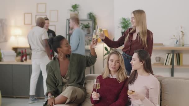 Slowmo Tiro Grupo Jovens Mulheres Felizes Sorrindo Brindando Com Copos — Vídeo de Stock