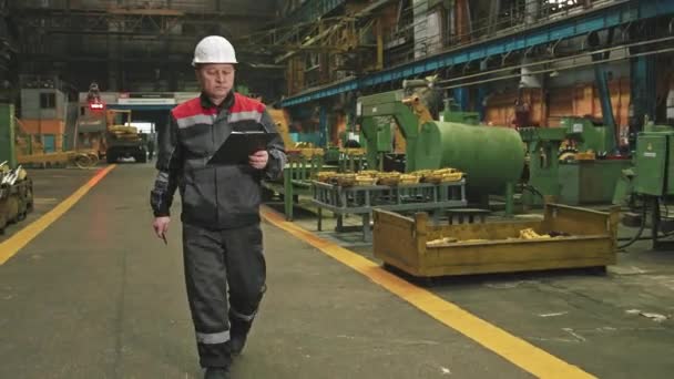 Full Shot Male Asian Plant Supervisor Coverall Hard Hat Walking — Stock Video