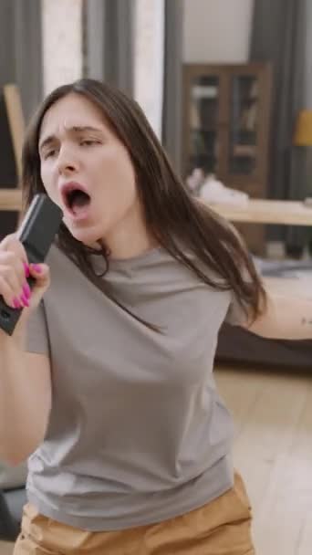 Vertical Shot Young Woman Dancing Singing Remote Camera — Stock Video