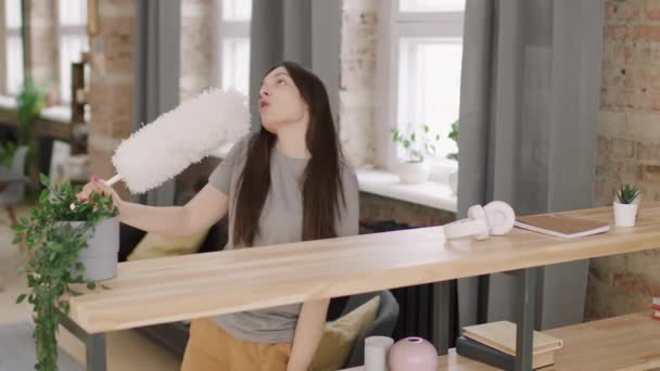 Handheld Medium Shot Beautiful Young Woman Dusting Her Loft Apartment — Stock Video