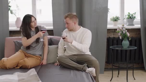 中等比例的年轻男女坐在他们公寓的沙发上 在满是红酒的玻璃杯中叮当作响 — 图库视频影像