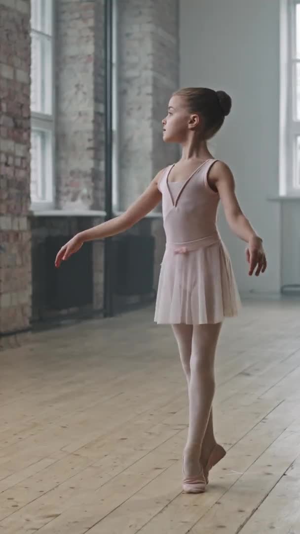 Вертикальный Полный Снимок Изящной Маленькой Балерины Розовом Платье Стоящей Ногах — стоковое видео
