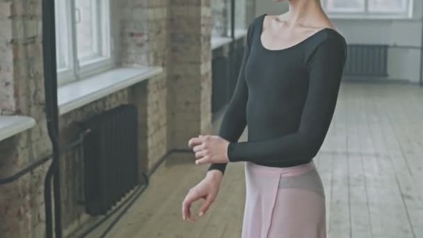 将身着黑色紧身衣的年轻专业芭蕾舞演员的中肖像画倾斜起来 独立站在宽敞的芭蕾舞课上 摆出姿势拍照 — 图库视频影像