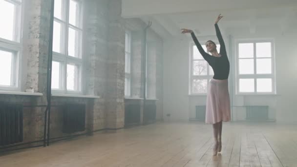 Full Bild Begåvade Ung Ballerina Dans Graciöst Tom Rökfylld Dansstudio — Stockvideo