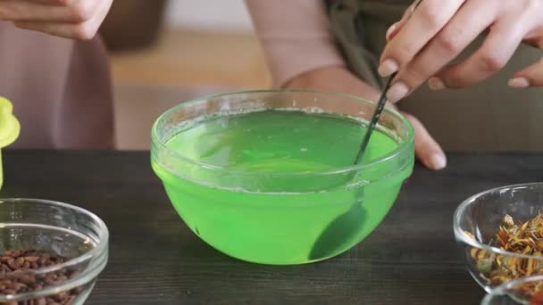 蒸留水にいくつかの緑の着色料を追加し スプーンでガラスボウル内の他のすべてを混合する1人の女性の閉じる一緒にダイソープを作る — ストック動画