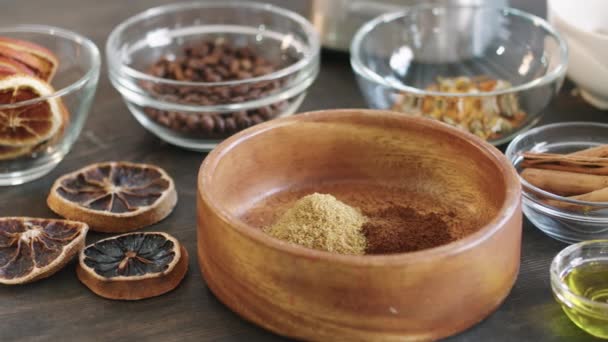Pan Close Ingredientes Para Esfoliação Natural Caseiro Esfrega Café Com — Vídeo de Stock