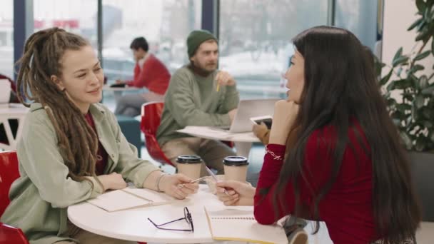 Pan Slowmo Young Businesswoman Dreadlocks Her Female Asian Colleague Sitting — Stock Video