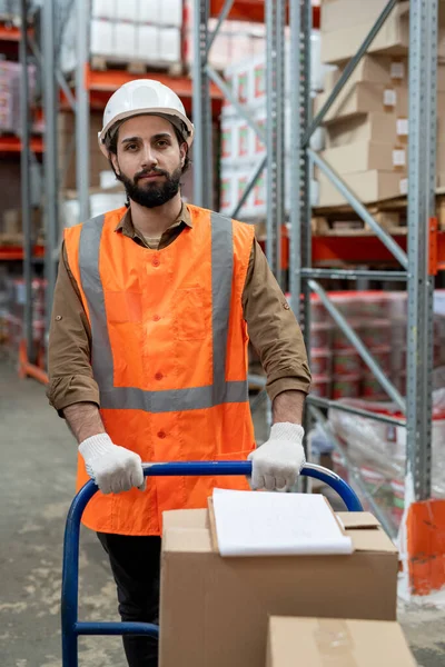 Retrato Conteúdo Jovem Misto Raça Homem Colete Reflexivo Hardhat Empurrando — Fotografia de Stock