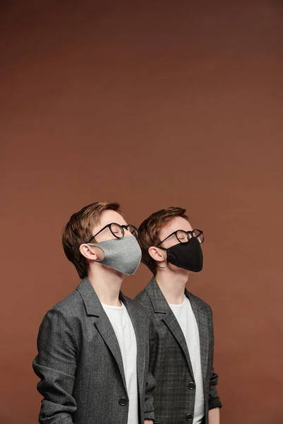 Row Two Tween Brothers Cloth Masks Glasses Keeping Eyes Closed — Stock Photo, Image