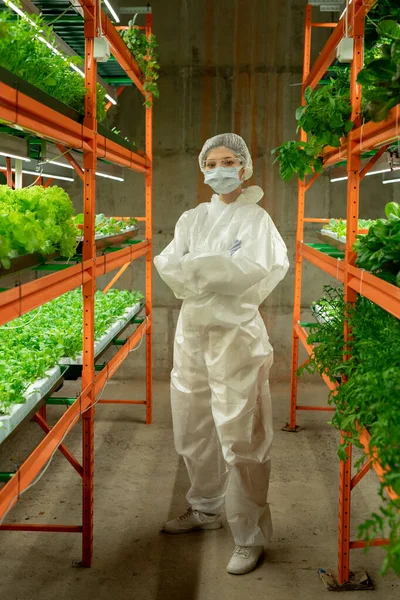 Portret Van Een Zelfverzekerde Vrouwelijke Agronomist Een Beschermend Pak Masker — Stockfoto