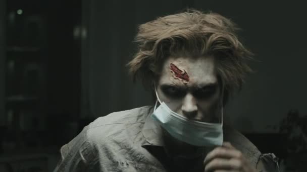 Portrait Shot Creepy Zombie Man Sfx Makeup Wound White Contact — Stock Video