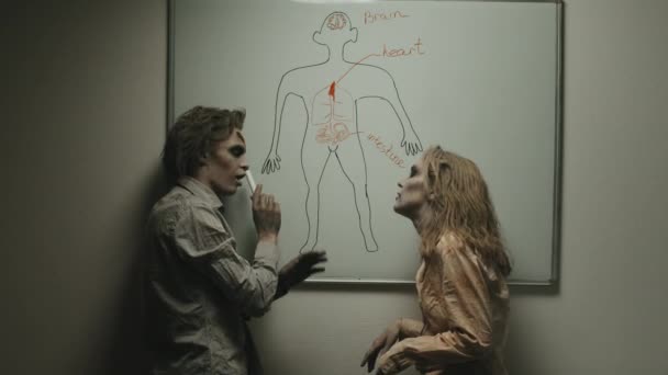 Colpo Medio Uomo Zombie Che Indica Immagine Della Persona Disegnata — Video Stock