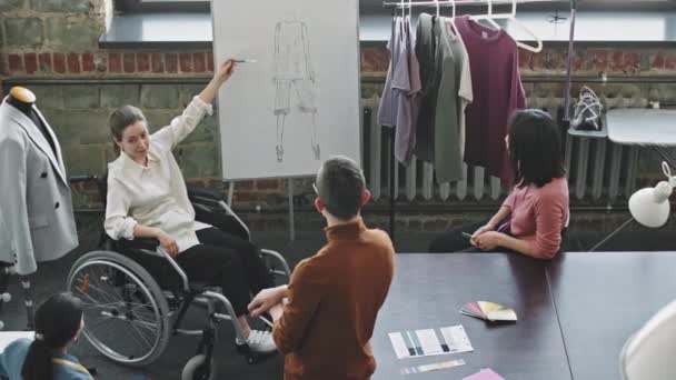 High Angle Tracking Shot Female Fashion Designer Wheelchair Showing Idea — Stock Video