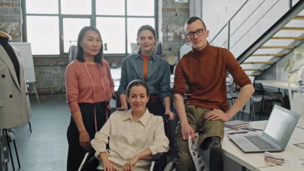 Portrait Dolly Shot Diverse Team Fashion Designers Standing Together Studio — Stock Video
