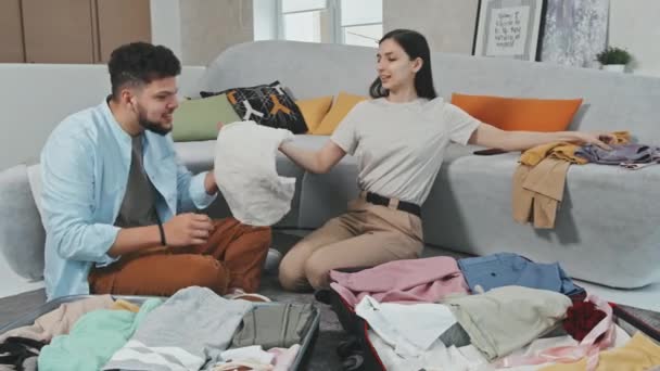Medium Shot Young Happy Latin Couple Sitting Floor Cozy Living — Stock Video