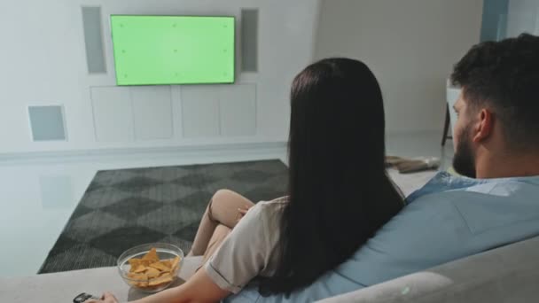 Vista Trasera Mujer Con Pelo Largo Oscuro Encendiendo Televisión Sentada — Vídeos de Stock