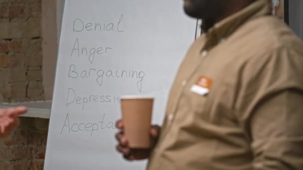 Tilt Bild Afroamerikansk Man Lyssnar Psykolog Talar Vid Mentalt Stöd — Stockvideo