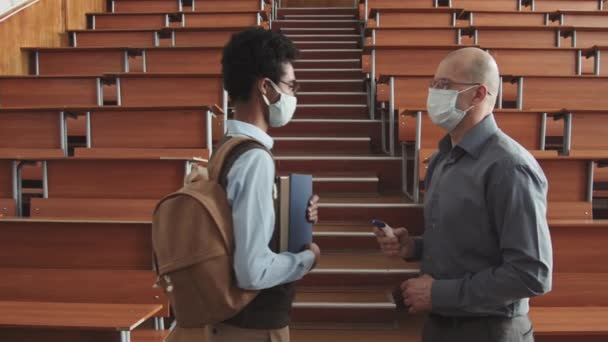 Side View Medium Slowmo Male University Professor Face Mask Measuring — Video
