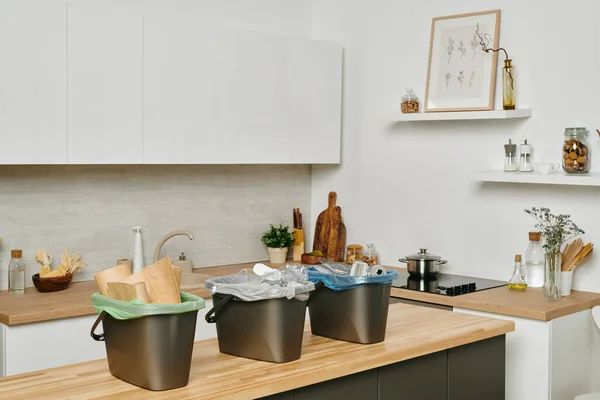 Современная Кухня Посудой Группой Пластиковых Мусорных Баков — стоковое фото