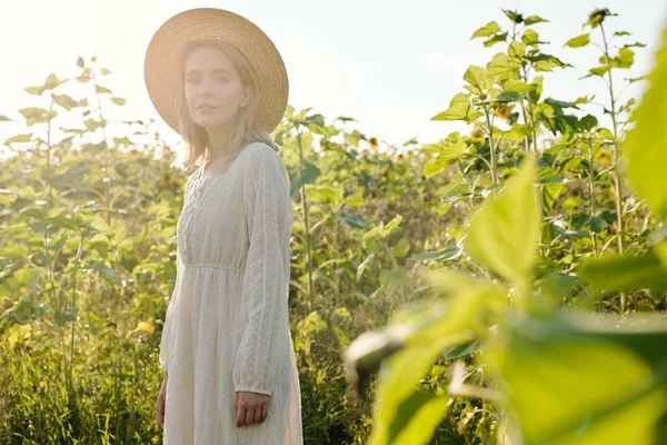 Vacker Ung Kvinna Halmhatt Och Vit Lantlig Stil Klänning Tittar — Stockfoto