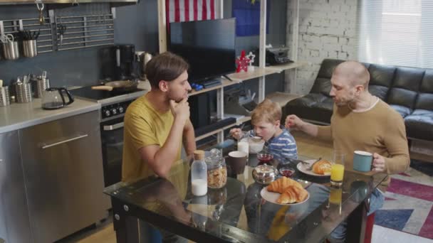 Hoge Hoek Slowmo Schot Van Zorgzame Vaders Leuke Jongen Samen — Stockvideo