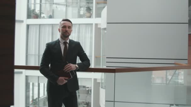 Medium Portrait Young Motivated Businessman Lawyer Suit Tie Posing Camera — Stock Video