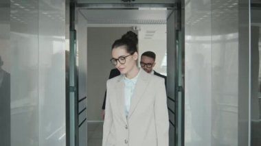 Birlikte çalıştıkları büyük hukuk firmasında cam asansörde yürürken başarılı genç erkek ve kadın avukatlardan oluşan orta sınıf bir ekip.