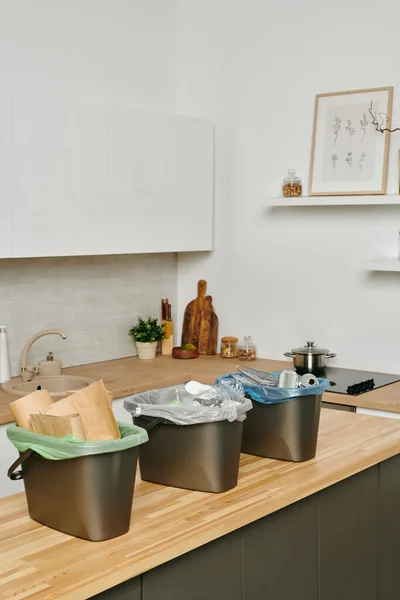 Интерьер современной кухни с тремя мусорными баками на столе — стоковое фото