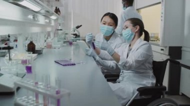 Tekerlekli sandalyedeki engelli kadın kimyagerin yan görüntüsü ve kadın meslektaşı arka planda çalışan erkek siyah bilim adamı üzerinde çalışırken test tüpünde çözümü tartışıyorlar.