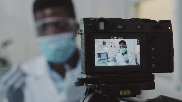 Slowmo Shot Focus Screen Video Camera Recording Black Male Scientist — Stock Video
