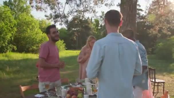 Group Young Friends Having Party Beautiful Local Park Standing Table — Stock Video