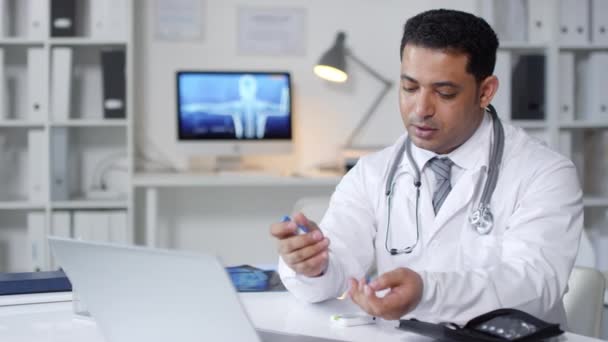 Medium Portrait Middle Eastern Doctor Sitting Alone His Office Demonstrating — Stock Video