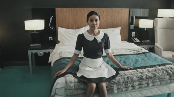 Medium Slowmo Portrait Young Beautiful Housekeeper Black Dress White Collar — Stock Video