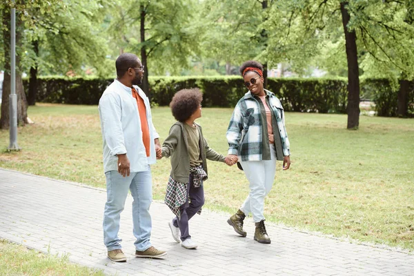 Contemporáneo africano familia hablando paseo en parque — Foto de Stock