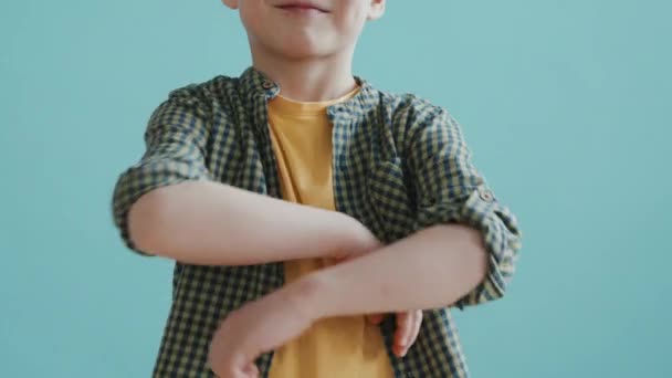 Yavaşça Yaşındaki Mutlu Bir Çocuğun Portresini Kaldırır Kollarını Kavuşturur Mavi — Stok video