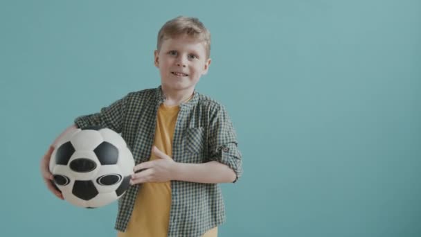 Portrait Shot Cute Year Old Boy Toothy Smile Holding Soccer — Stock Video