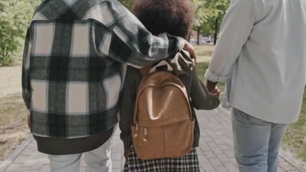 Rear View Slowmo Shot African American Boy Backpack Walking Outdoors — Stock Video