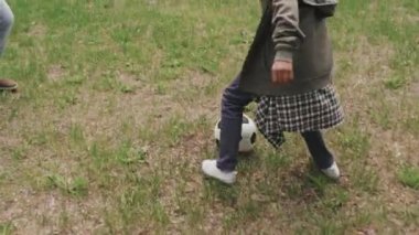 Afrika kökenli Amerikalı baba ve oğlunun yaz mevsiminde parkta futbol oynarken çekilmiş yüksek açılı yavaş çekim.