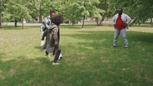 在阳光明媚的温暖天气里 由三个人组成的快乐活跃的非裔美国家庭在公园的绿色草坪上踢足球 他们在一起玩得很开心 拍摄了全长的慢镜头 — 图库视频影像